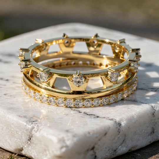 Close-up: Round Diamond Ring with Pave Setting in 14k Yellow Gold - Lab Grown - Driona Jewels
