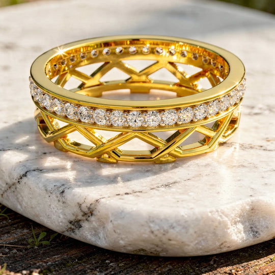 Close-up: Round Diamond Ring with Pave Setting in 14k Yellow Gold - Lab Grown - Driona Jewels
