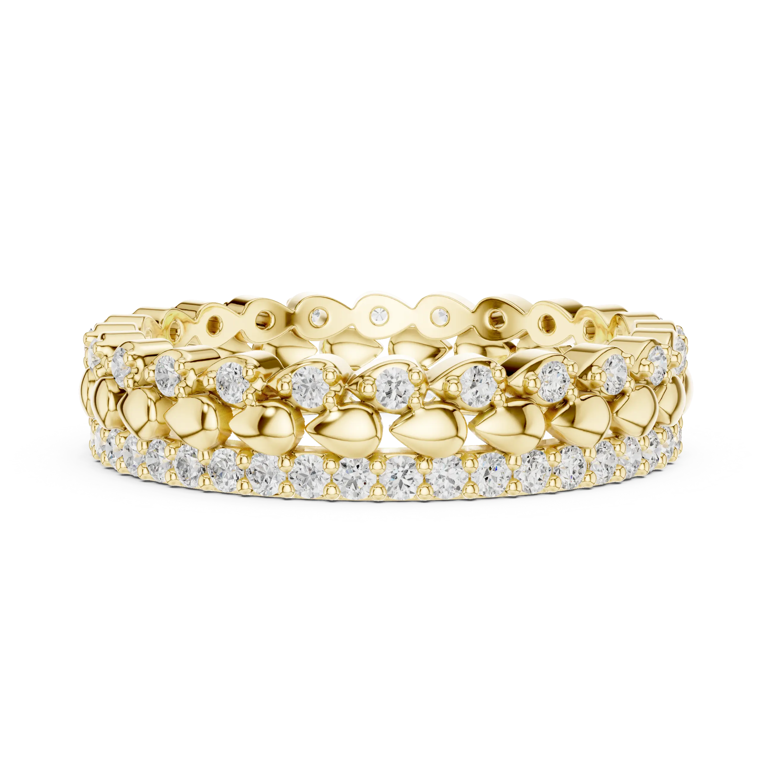 Flat-Lay: Round Diamond Ring with Pave Setting in 14k Yellow Gold - Lab Grown - Driona Jewels
