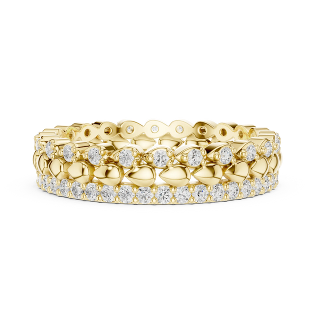 Flat-Lay: Round Diamond Ring with Pave Setting in 14k Yellow Gold - Lab Grown - Driona Jewels