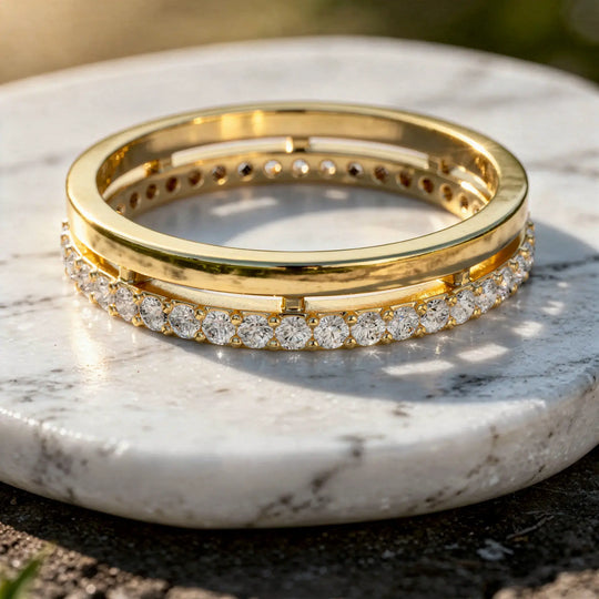 Flat Lay: Round Diamond Ring with Pave Setting in 14k Yellow Gold - Lab Grown - Driona Jewels