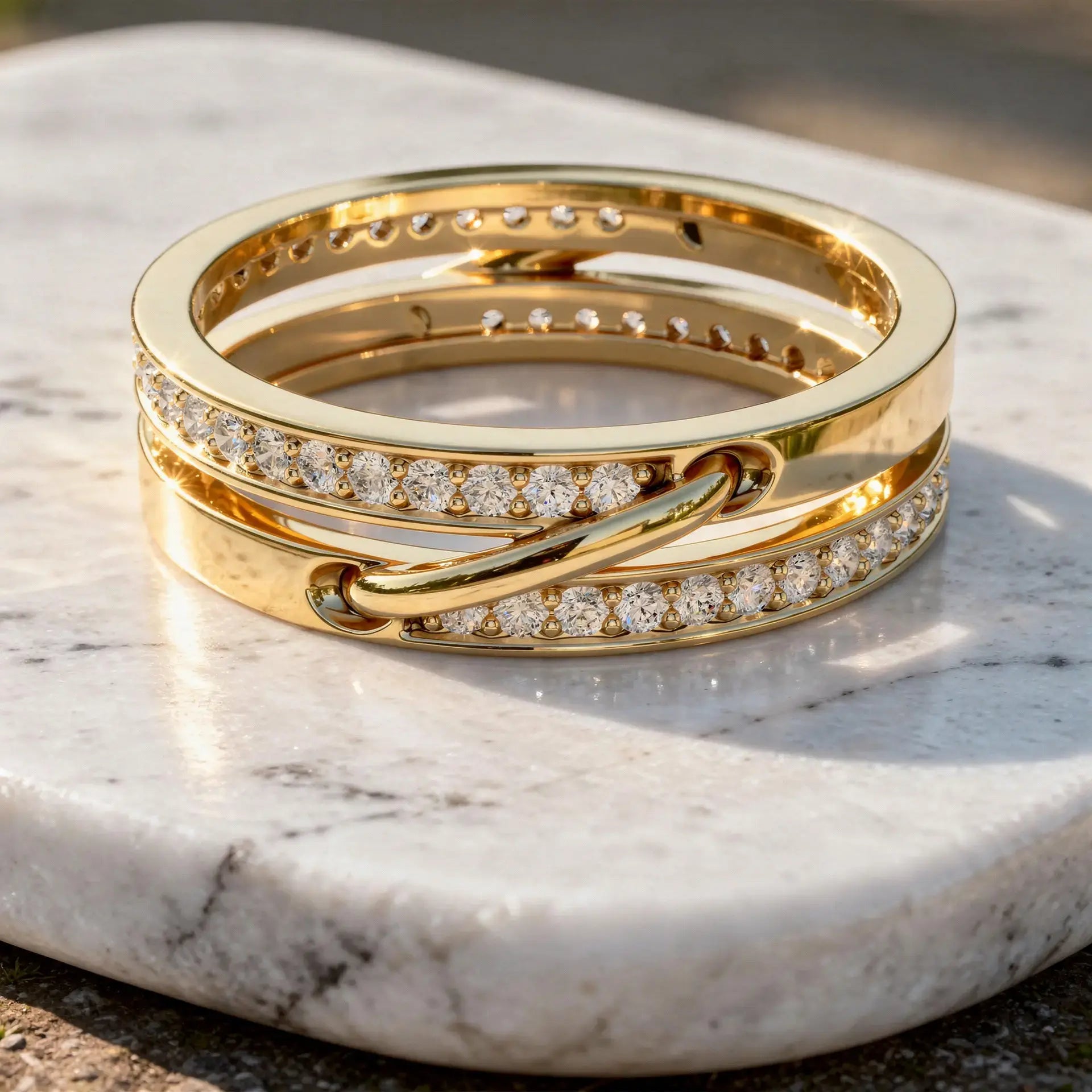 Flat Lay: Round Diamond Ring with Pave Setting in 14k Yellow Gold - Lab Grown - Driona Jewels