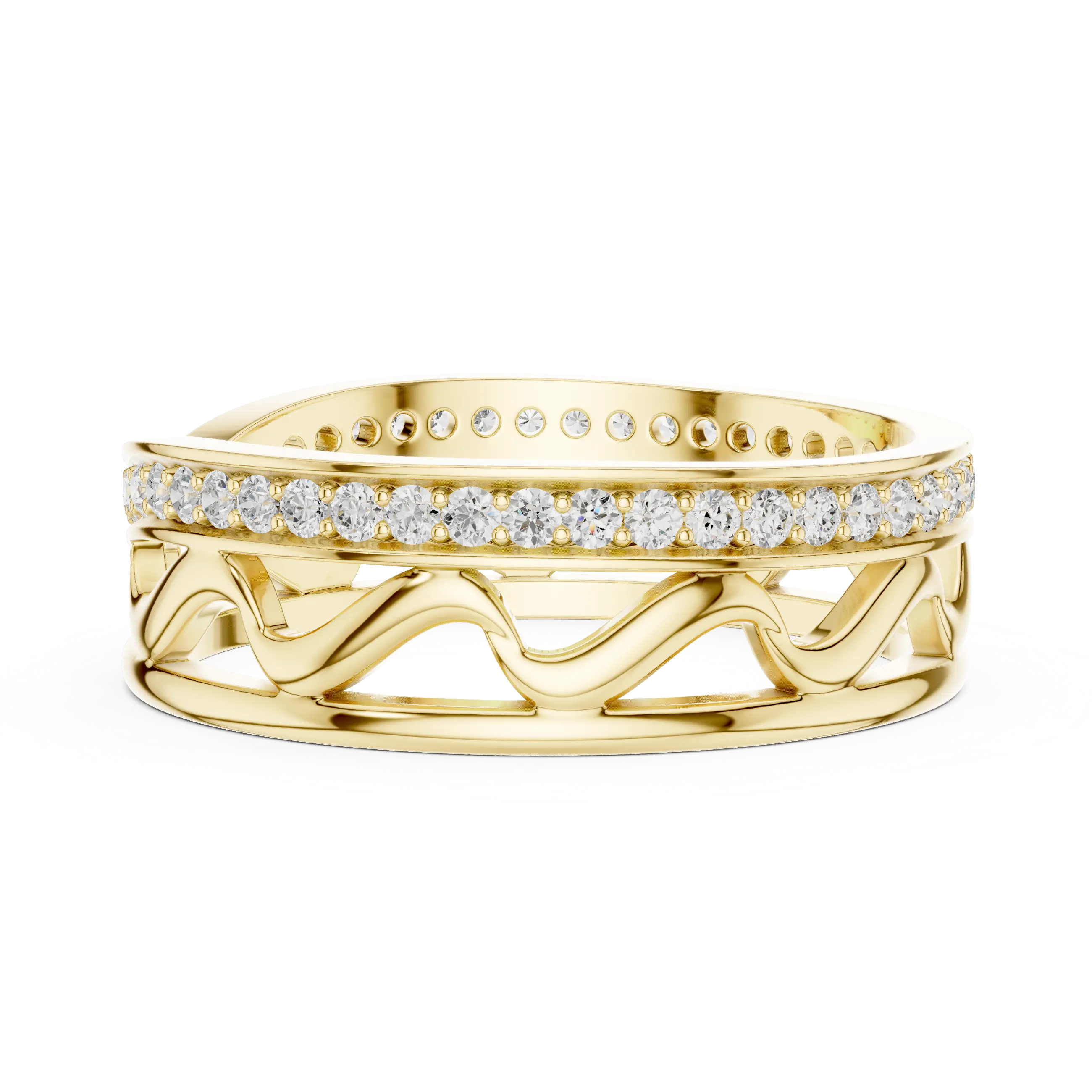 Flat Lay: Round Diamond Ring with Pave Setting in 14k Yellow Gold - Lab Grown - Driona Jewels