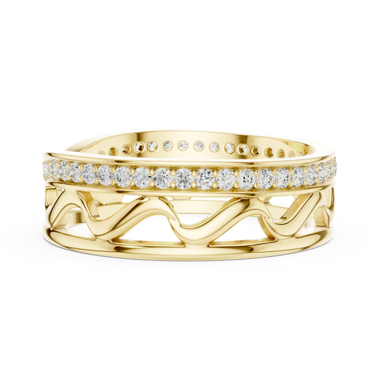 Flat Lay: Round Diamond Ring with Pave Setting in 14k Yellow Gold - Lab Grown - Driona Jewels