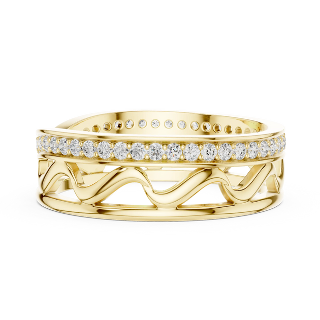 Flat Lay: Round Diamond Ring with Pave Setting in 14k Yellow Gold - Lab Grown - Driona Jewels