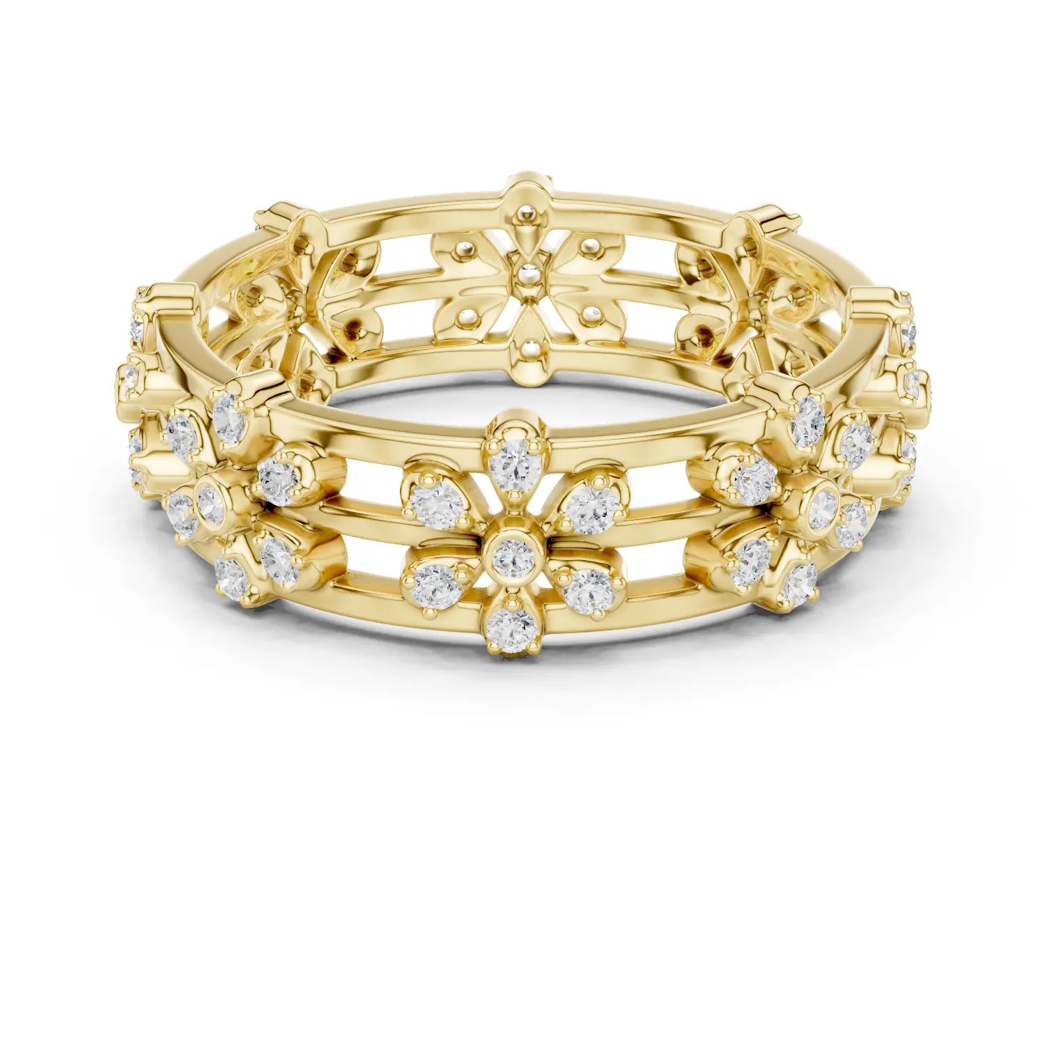 Front-View: Round Diamond Ring with Pave Setting in 14k Yellow Gold - Lab Grown - Driona Jewels