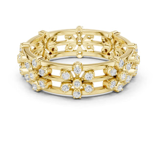 Front-View: Round Diamond Ring with Pave Setting in 14k Yellow Gold - Lab Grown - Driona Jewels
