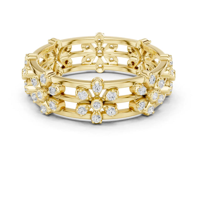 Front-View: Round Diamond Ring with Pave Setting in 14k Yellow Gold - Lab Grown - Driona Jewels