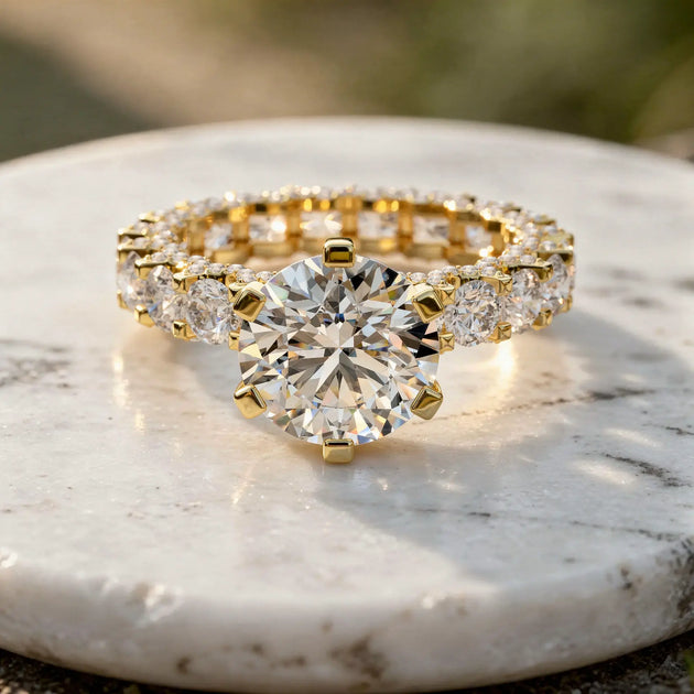 Front View: Round Diamond Engagement Ring with Pave Setting in 14k Yellow Gold - Lab Grown - Driona Jewels