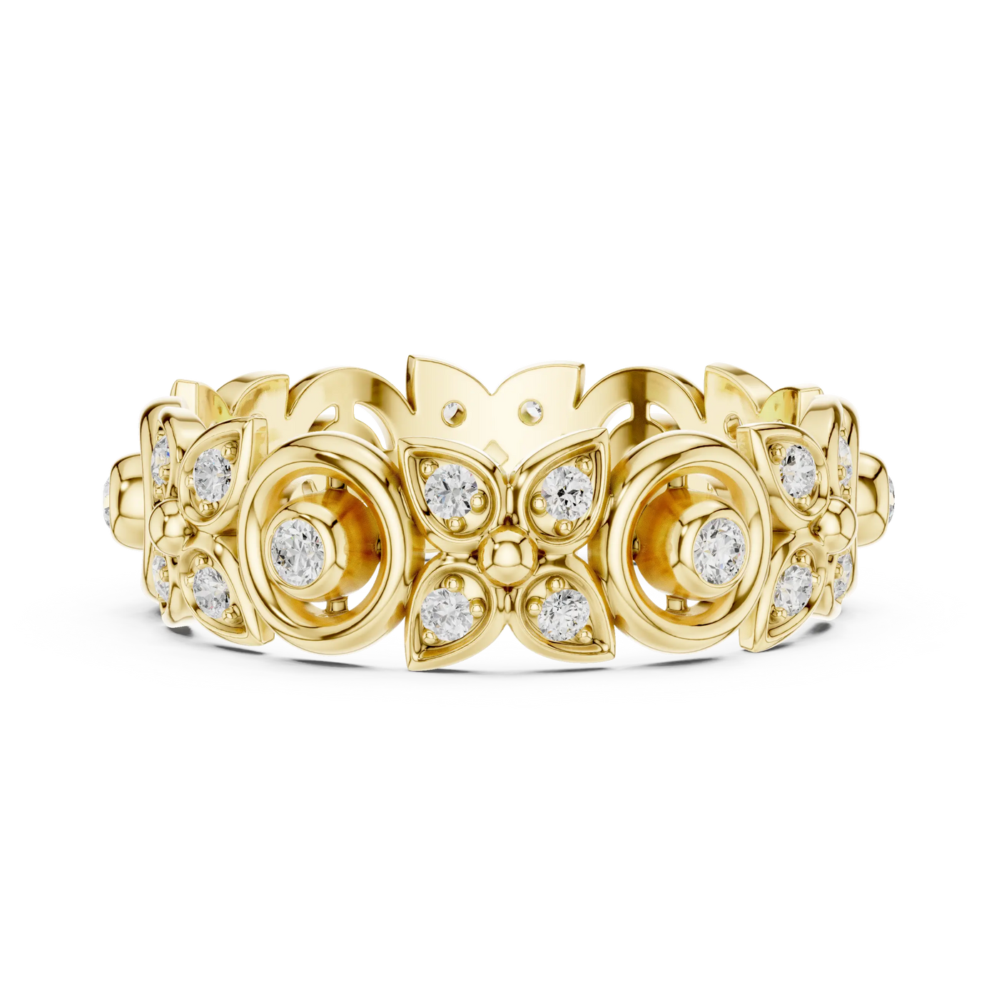 Front-view: Round Diamond Ring with Pave Setting in 14k Yellow Gold - Lab Grown - Driona Jewels