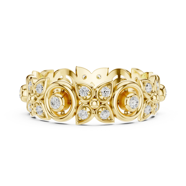 Front-view: Round Diamond Ring with Pave Setting in 14k Yellow Gold - Lab Grown - Driona Jewels