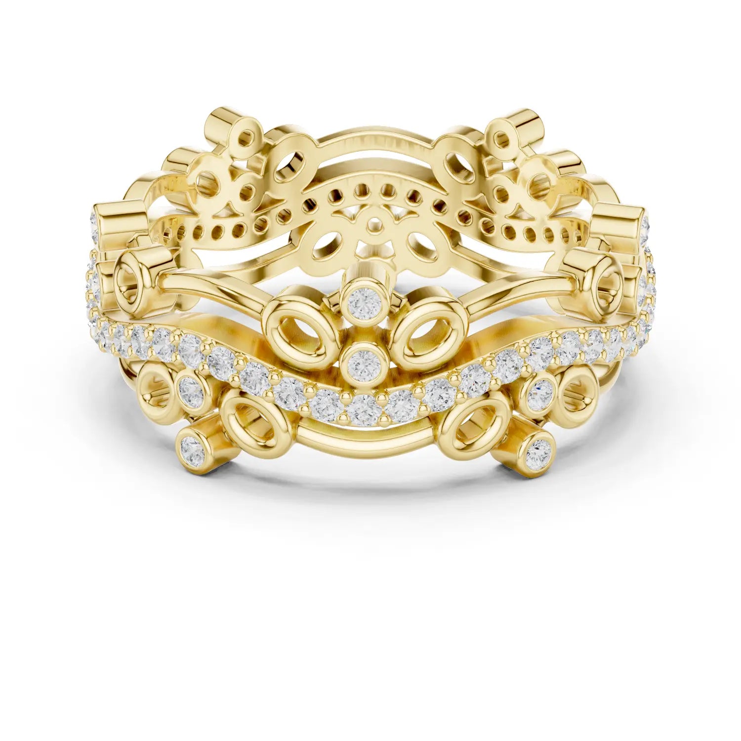 Front-View: Round Diamond Ring with Pave Setting in 14k Yellow Gold - Lab Grown - Driona Jewels
