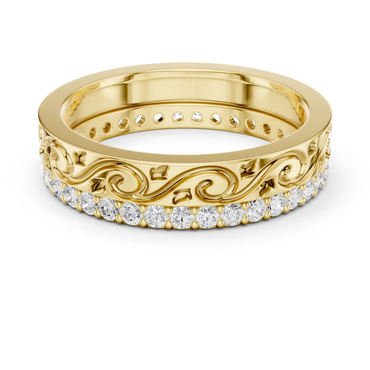 Front-view: Round Diamond Wedding Band with Pave Setting in 14k Yellow Gold - Lab Grown - Driona Jewels