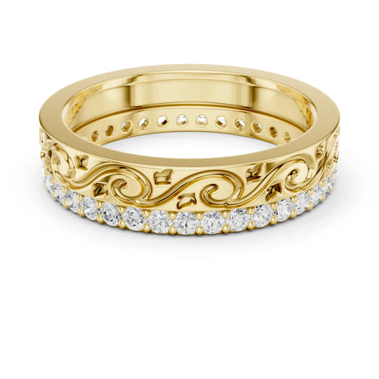 Front-view: Round Diamond Wedding Band with Pave Setting in 14k Yellow Gold - Lab Grown - Driona Jewels