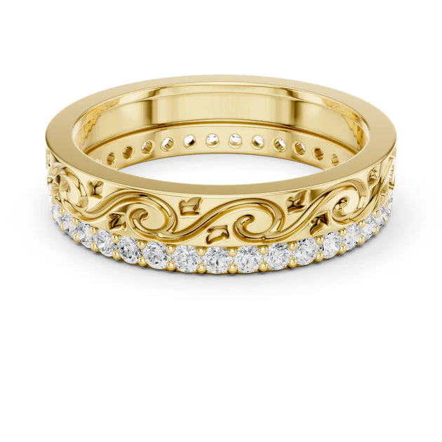 Front-view: Round Diamond Wedding Band with Pave Setting in 14k Yellow Gold - Lab Grown - Driona Jewels