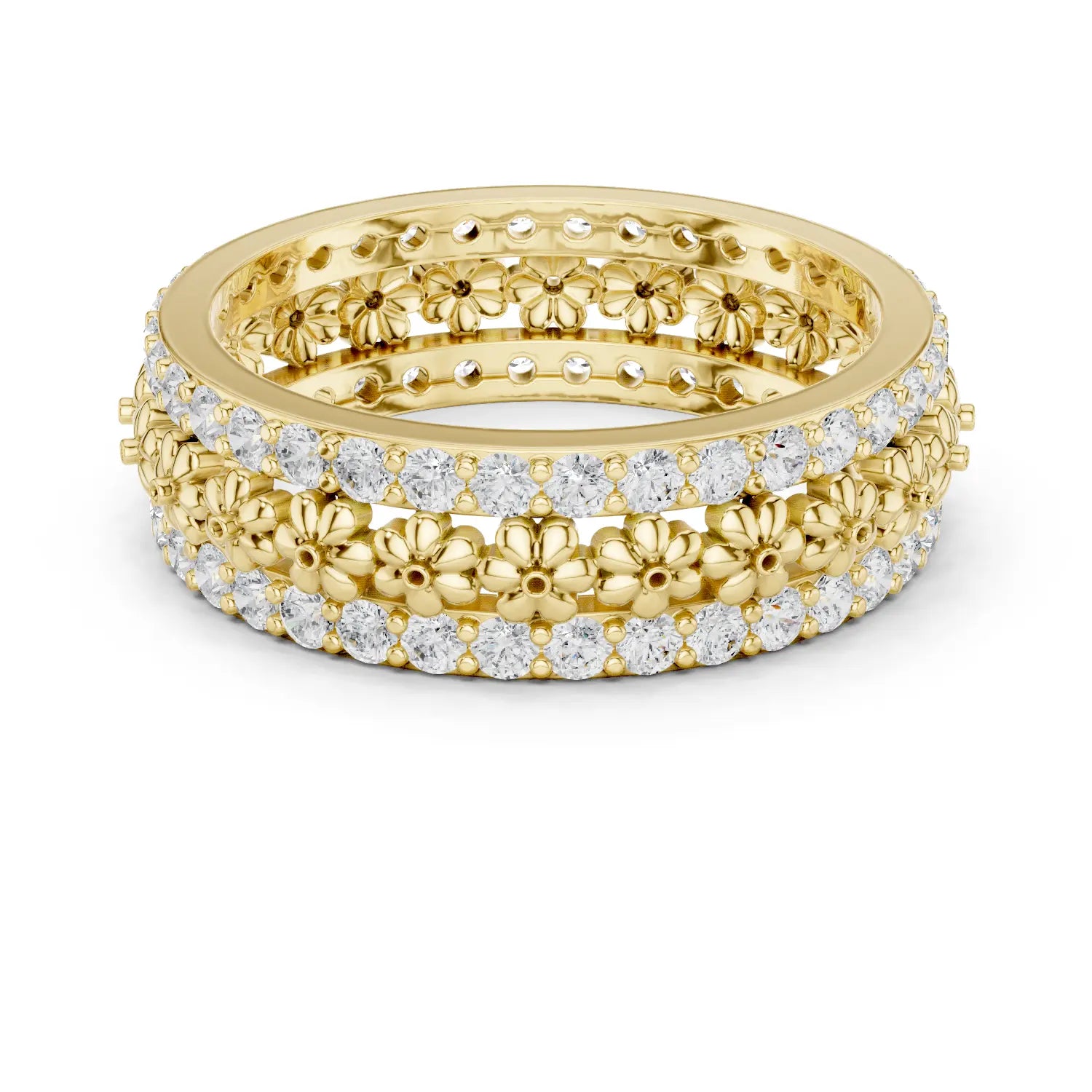 Front-View: Round Diamond Ring with Pave Setting in 14k Yellow Gold - Lab Grown - Driona Jewels