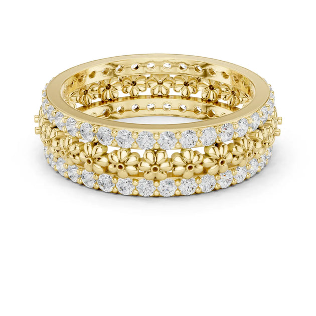 Front-View: Round Diamond Ring with Pave Setting in 14k Yellow Gold - Lab Grown - Driona Jewels