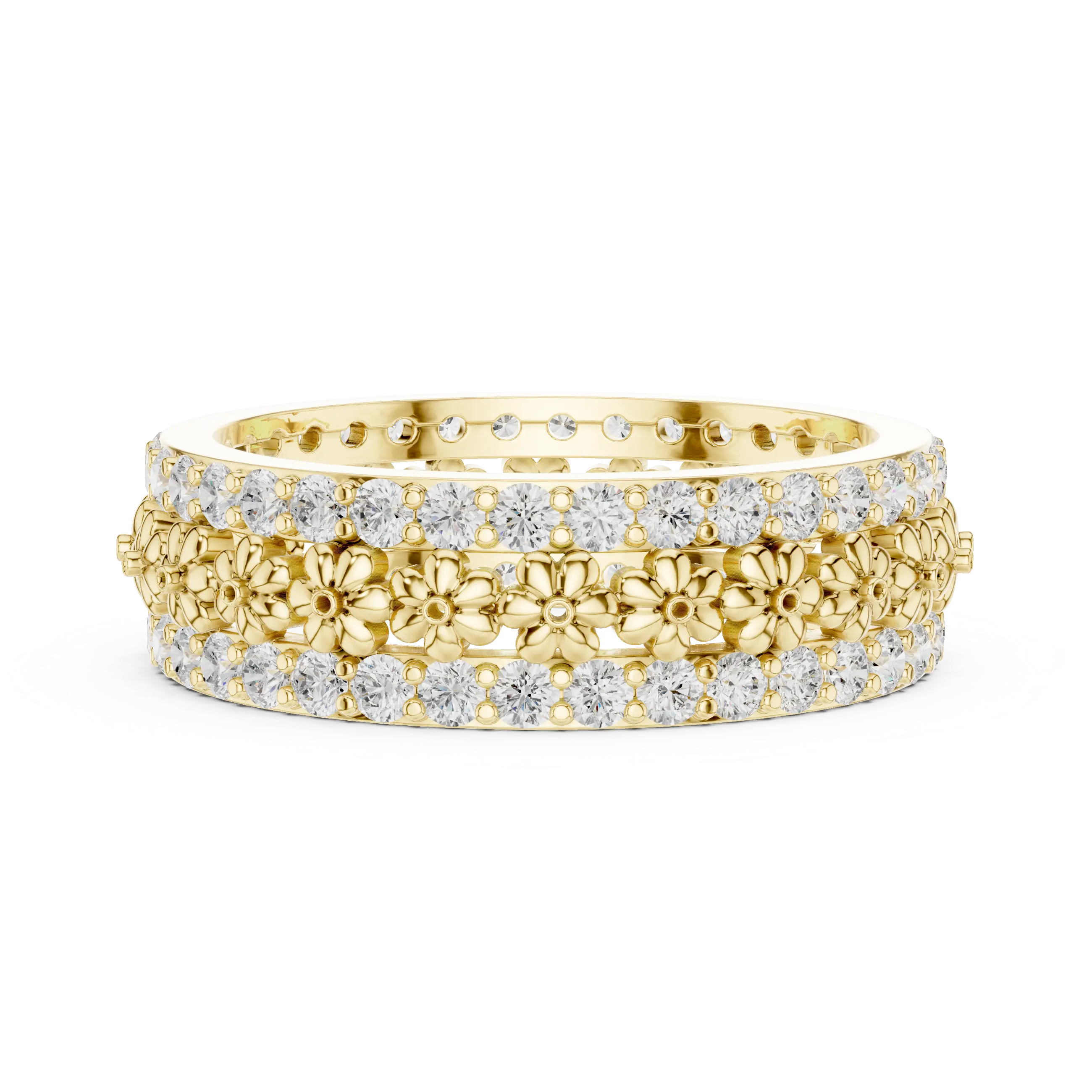 Front-View: Round Diamond Ring with Pave Setting in 14k Yellow Gold - Lab Grown - Driona Jewels