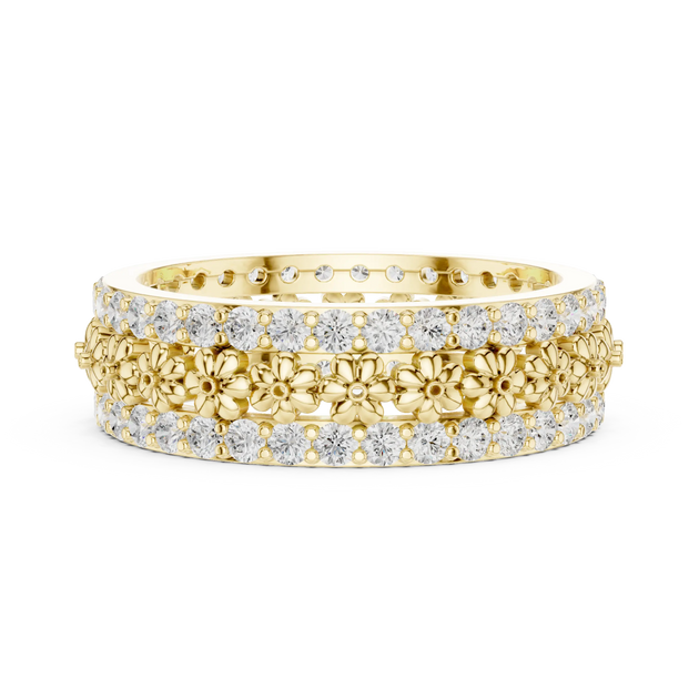 Front-View: Round Diamond Ring with Pave Setting in 14k Yellow Gold - Lab Grown - Driona Jewels