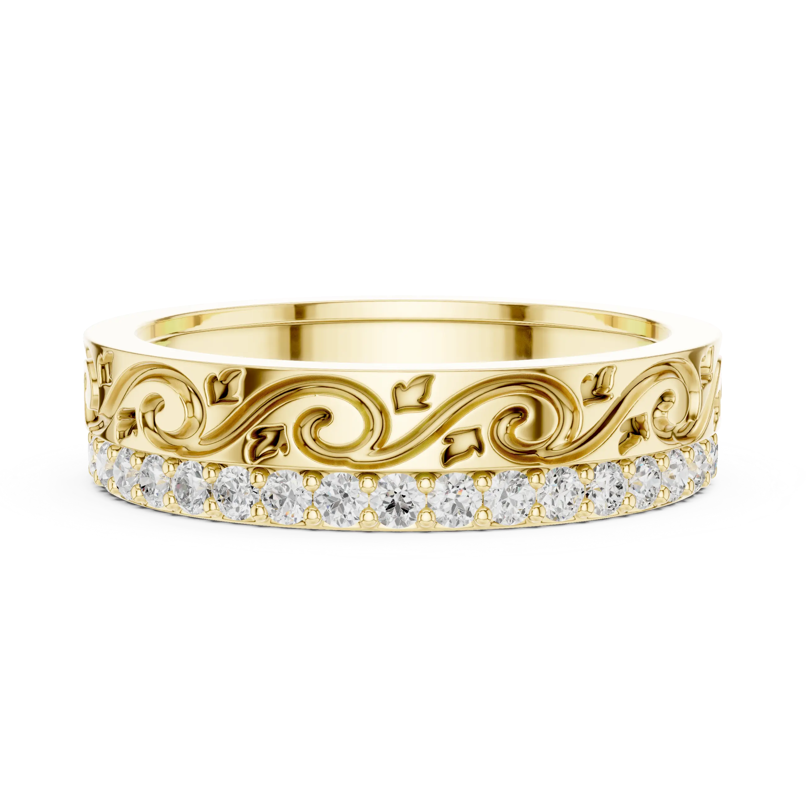 Front-View: Round Diamond Ring with Pave Setting in 14k Yellow Gold - Lab Grown - Driona Jewels