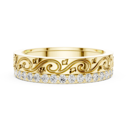 Front-View: Round Diamond Ring with Pave Setting in 14k Yellow Gold - Lab Grown - Driona Jewels