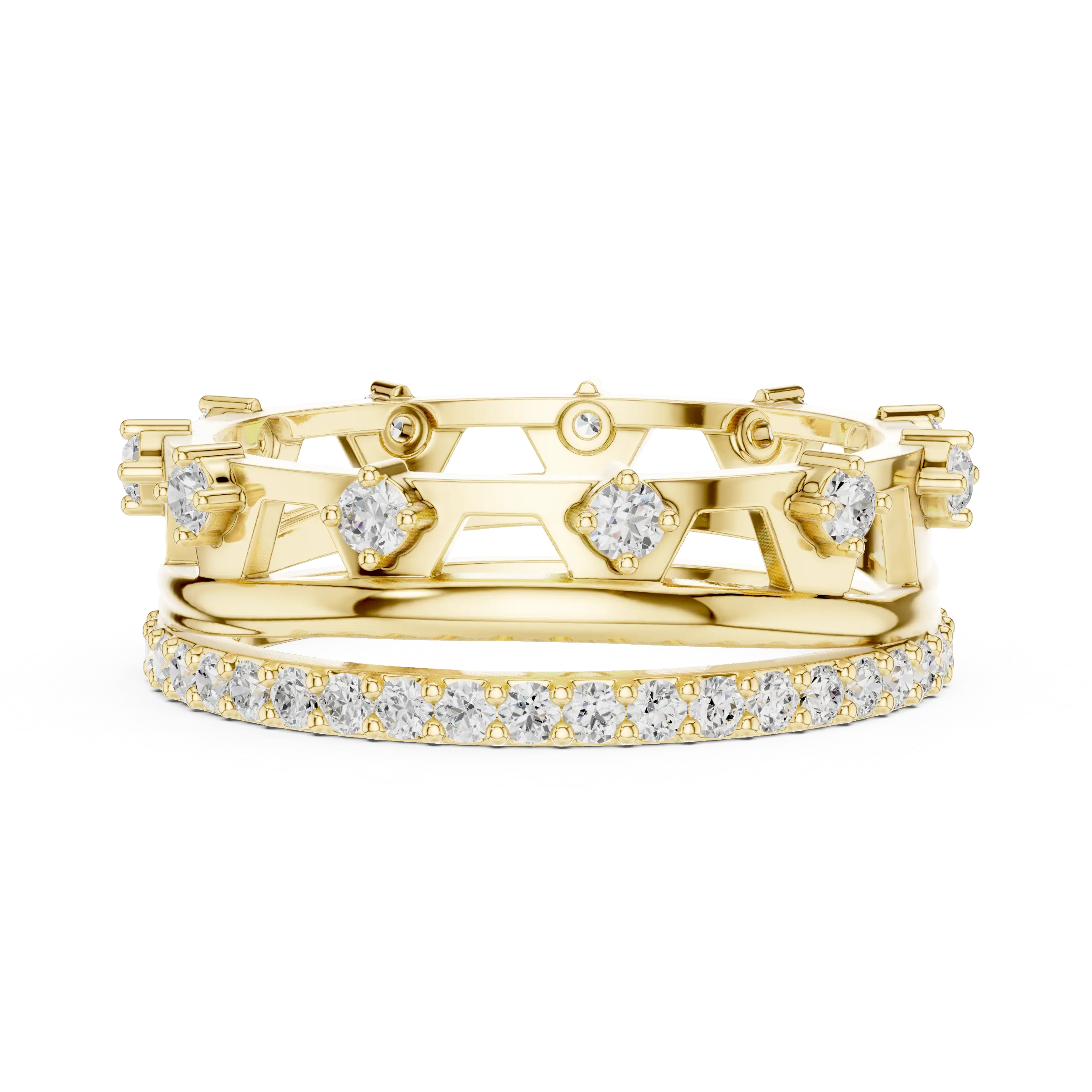 Front-View: Round Diamond Ring with Pave Setting in 14k Yellow Gold - Lab Grown - Driona Jewels