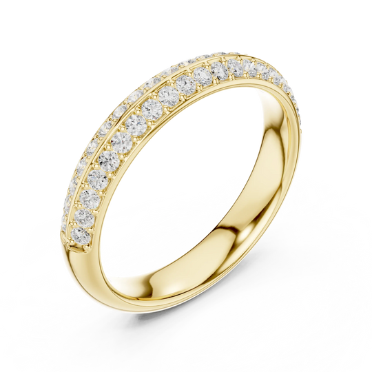 Three-quarter-view: Round Diamond Ring with Pave Setting in 14k Yellow Gold - Lab Grown - Driona Jewels