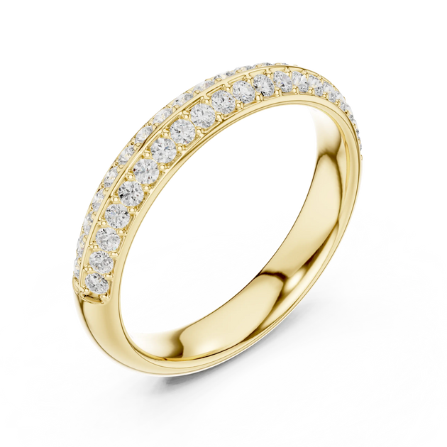 Three-quarter-view: Round Diamond Ring with Pave Setting in 14k Yellow Gold - Lab Grown - Driona Jewels