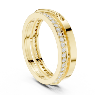 Three-quarter-view: Round Diamond Ring with Pave Setting in 14k Yellow Gold - Lab Grown - Driona Jewels