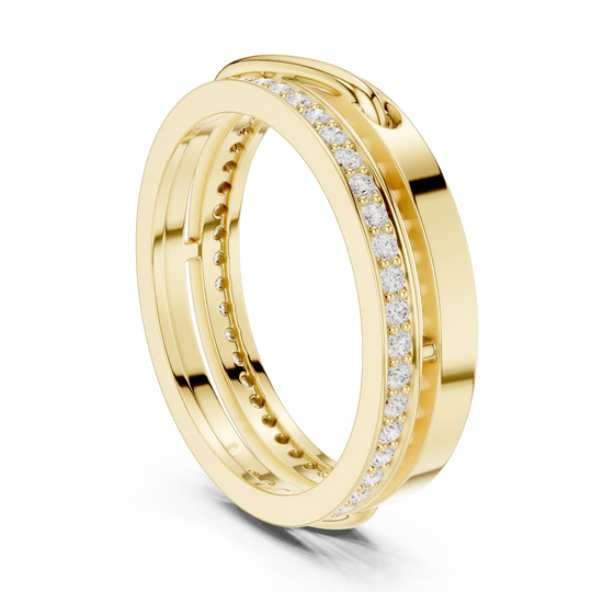Three-quarter-view: Round Diamond Ring with Pave Setting in 14k Yellow Gold - Lab Grown - Driona Jewels