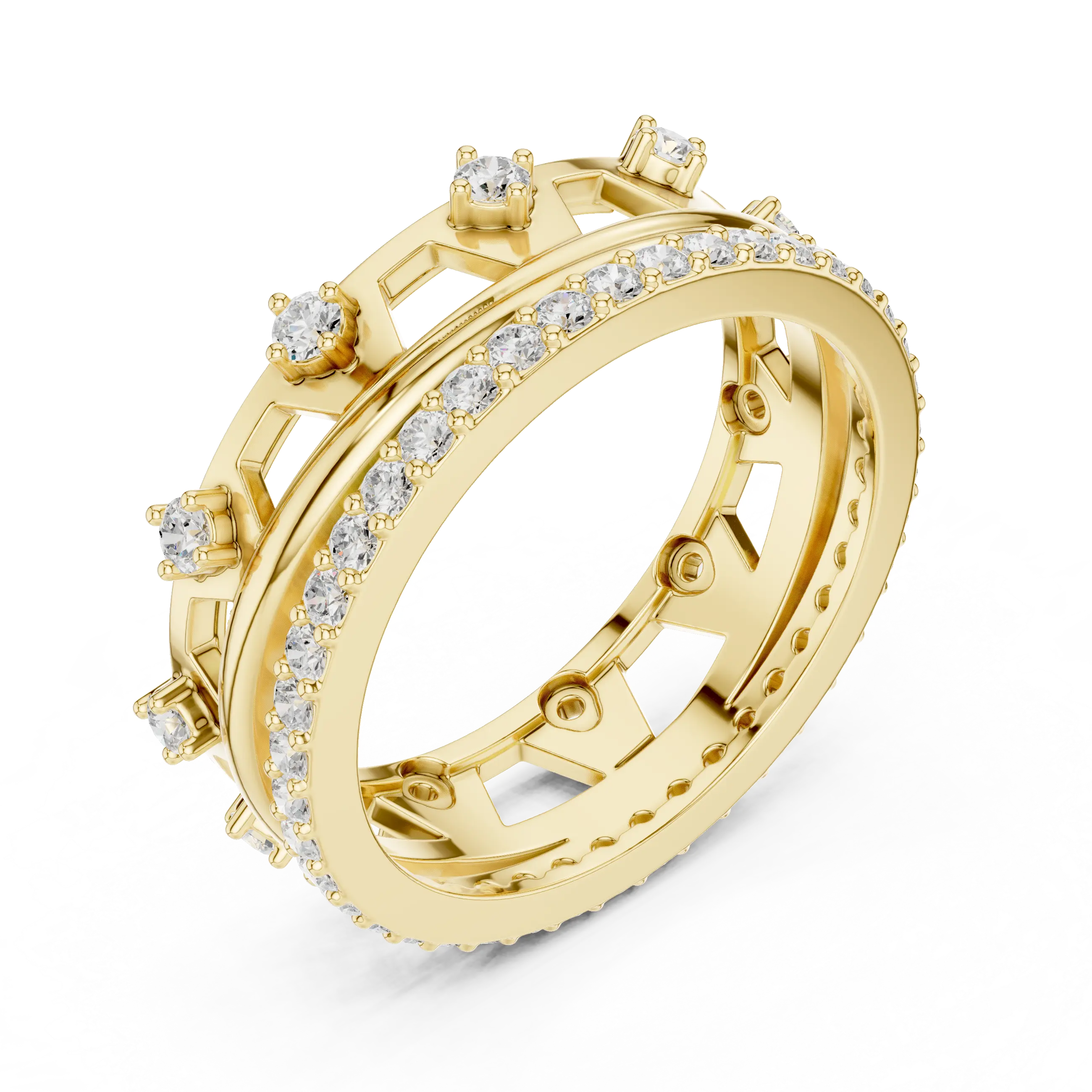 Three-quarter-view: Round Diamond Ring with Pave Setting in 14k Yellow Gold - Lab Grown - Driona Jewels