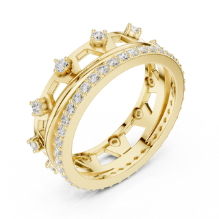 Three-quarter-view: Round Diamond Ring with Pave Setting in 14k Yellow Gold - Lab Grown - Driona Jewels