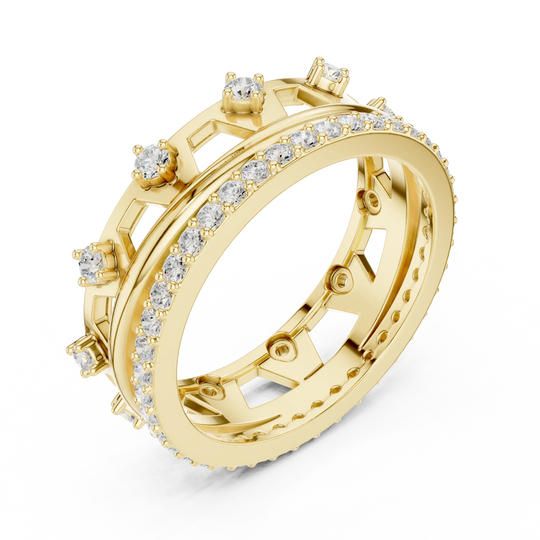 Three-quarter-view: Round Diamond Ring with Pave Setting in 14k Yellow Gold - Lab Grown - Driona Jewels