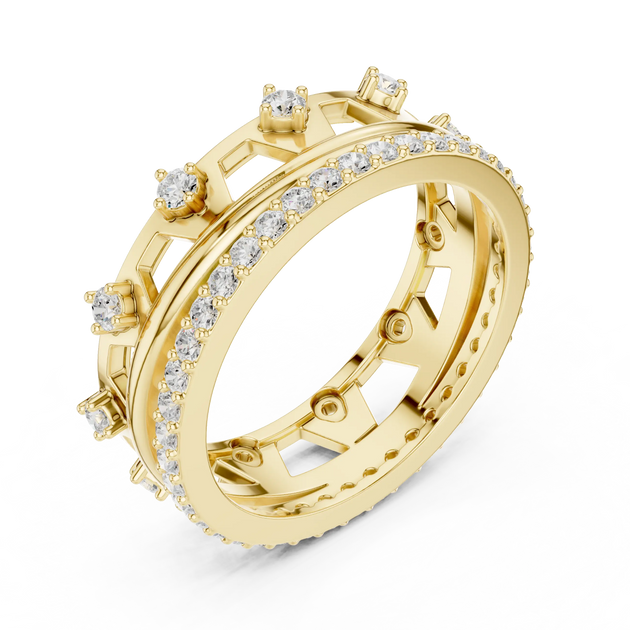 Three-quarter-view: Round Diamond Ring with Pave Setting in 14k Yellow Gold - Lab Grown - Driona Jewels