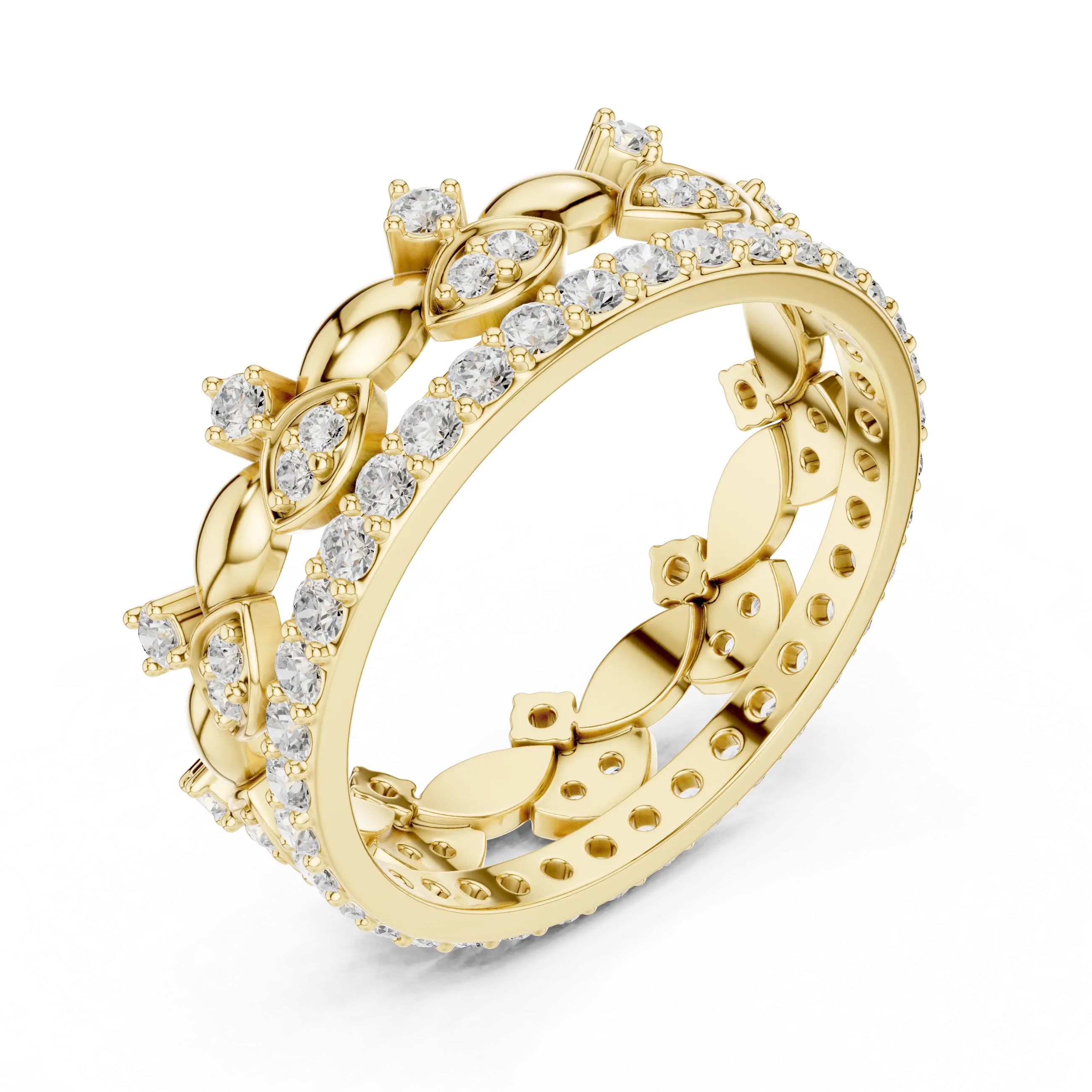 Three-quarter-view: Round Diamond Ring with Pave Setting in 14k Yellow Gold - Lab Grown - Driona Jewels