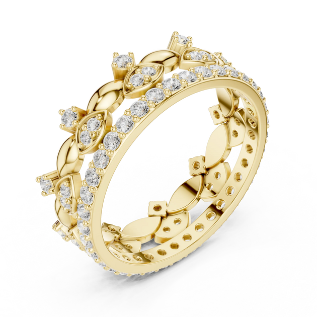 Three-quarter-view: Round Diamond Ring with Pave Setting in 14k Yellow Gold - Lab Grown - Driona Jewels