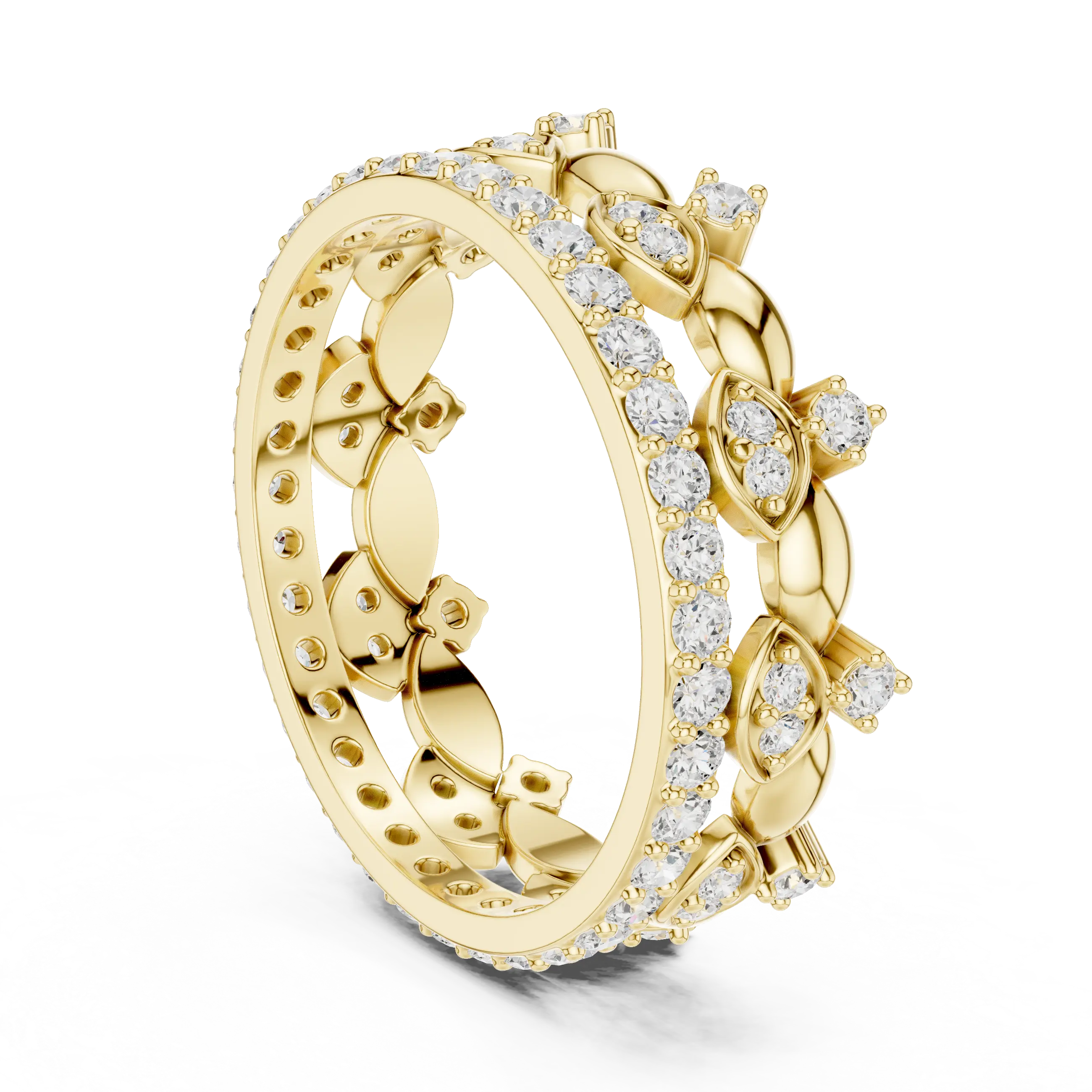 Three-quarter-view: Round Diamond Ring with Pave Setting in 14k Yellow Gold - Lab Grown - Driona Jewels