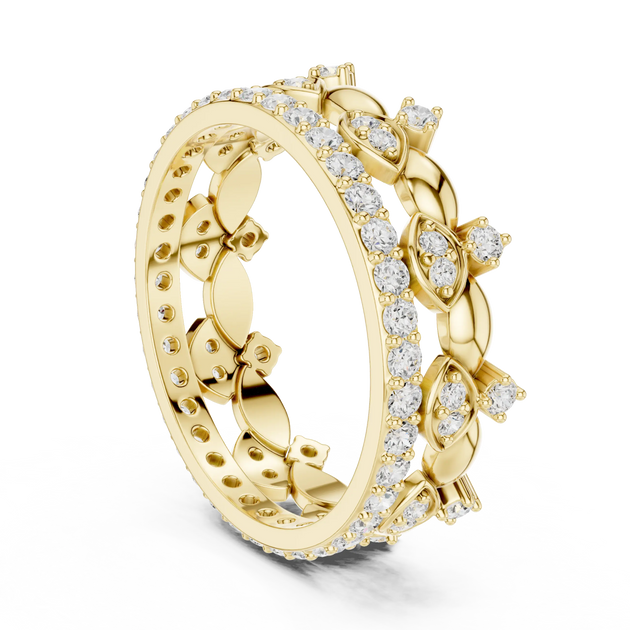Three-quarter-view: Round Diamond Ring with Pave Setting in 14k Yellow Gold - Lab Grown - Driona Jewels