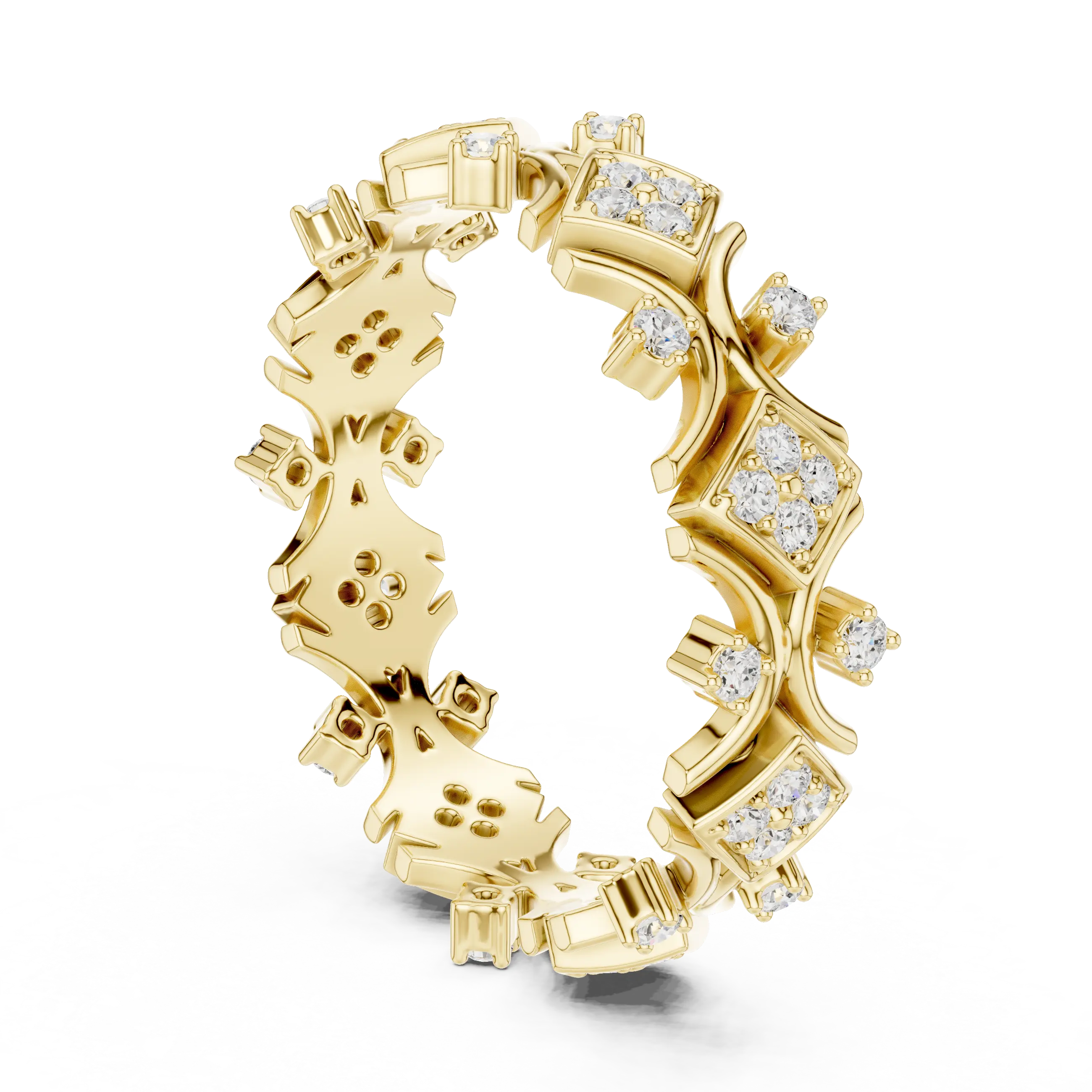 Three-quarter-view: Round Diamond Ring with Pave Setting in 14k Yellow Gold - Lab Grown - Driona Jewels