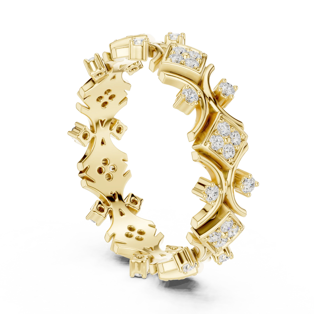 Three-quarter-view: Round Diamond Ring with Pave Setting in 14k Yellow Gold - Lab Grown - Driona Jewels