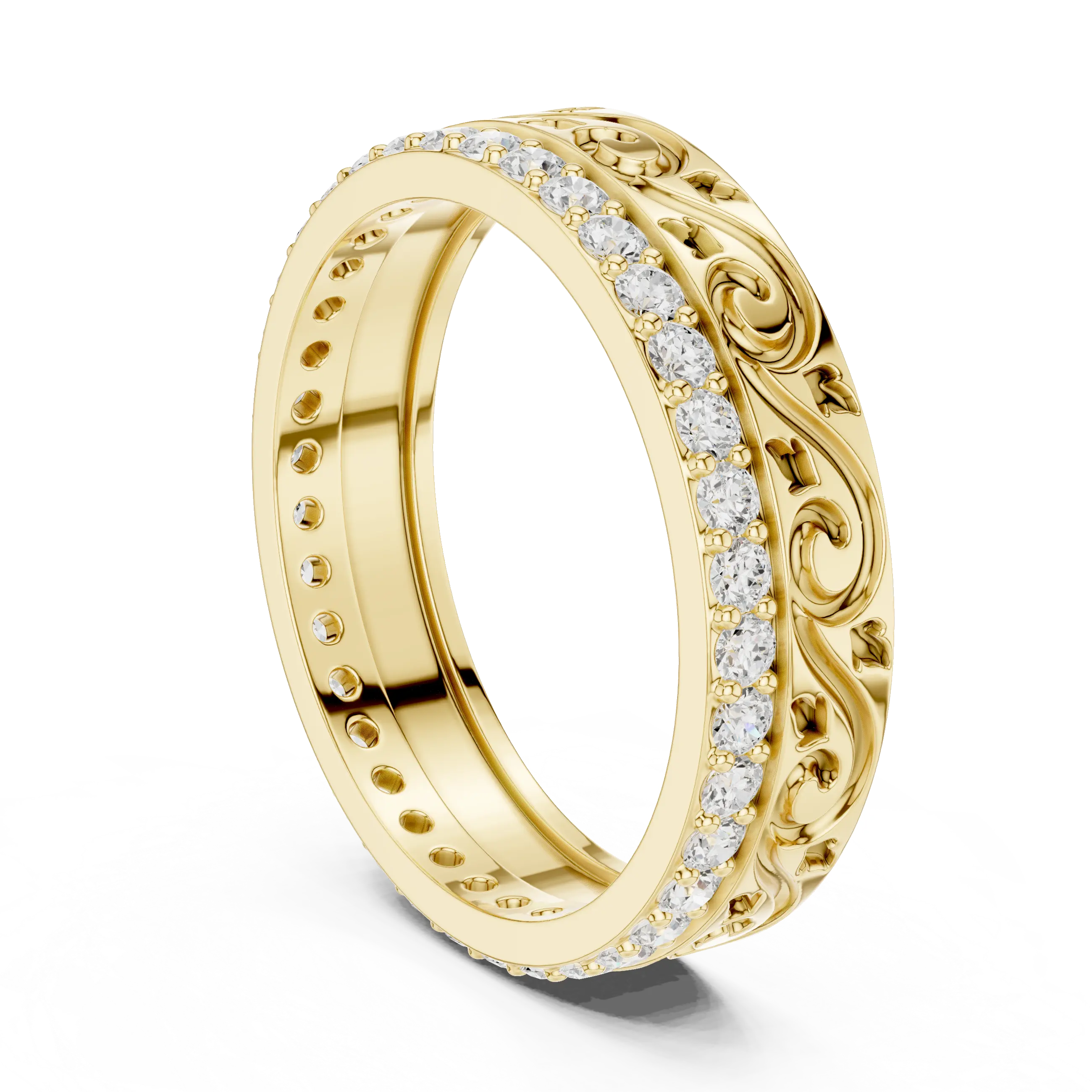 Three-quarter-view: Round Diamond Ring with Pave Setting in 14k Yellow Gold - Lab Grown - Driona Jewels