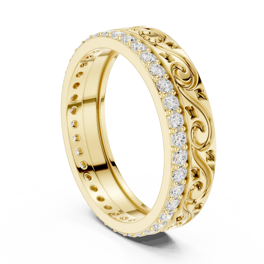 Three-quarter-view: Round Diamond Ring with Pave Setting in 14k Yellow Gold - Lab Grown - Driona Jewels
