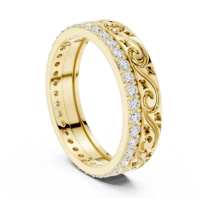 Three-quarter-view: Round Diamond Ring with Pave Setting in 14k Yellow Gold - Lab Grown - Driona Jewels