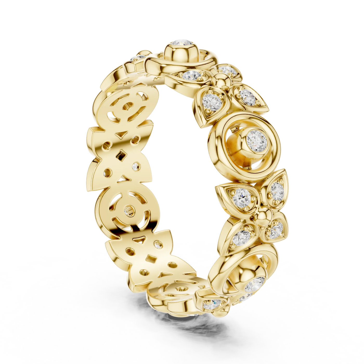 Three-quarter-view: Round Diamond Ring with Pave Setting in 14k Yellow Gold - Lab Grown - Driona Jewels