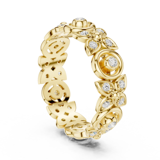 Three-quarter-view: Round Diamond Ring with Pave Setting in 14k Yellow Gold - Lab Grown - Driona Jewels