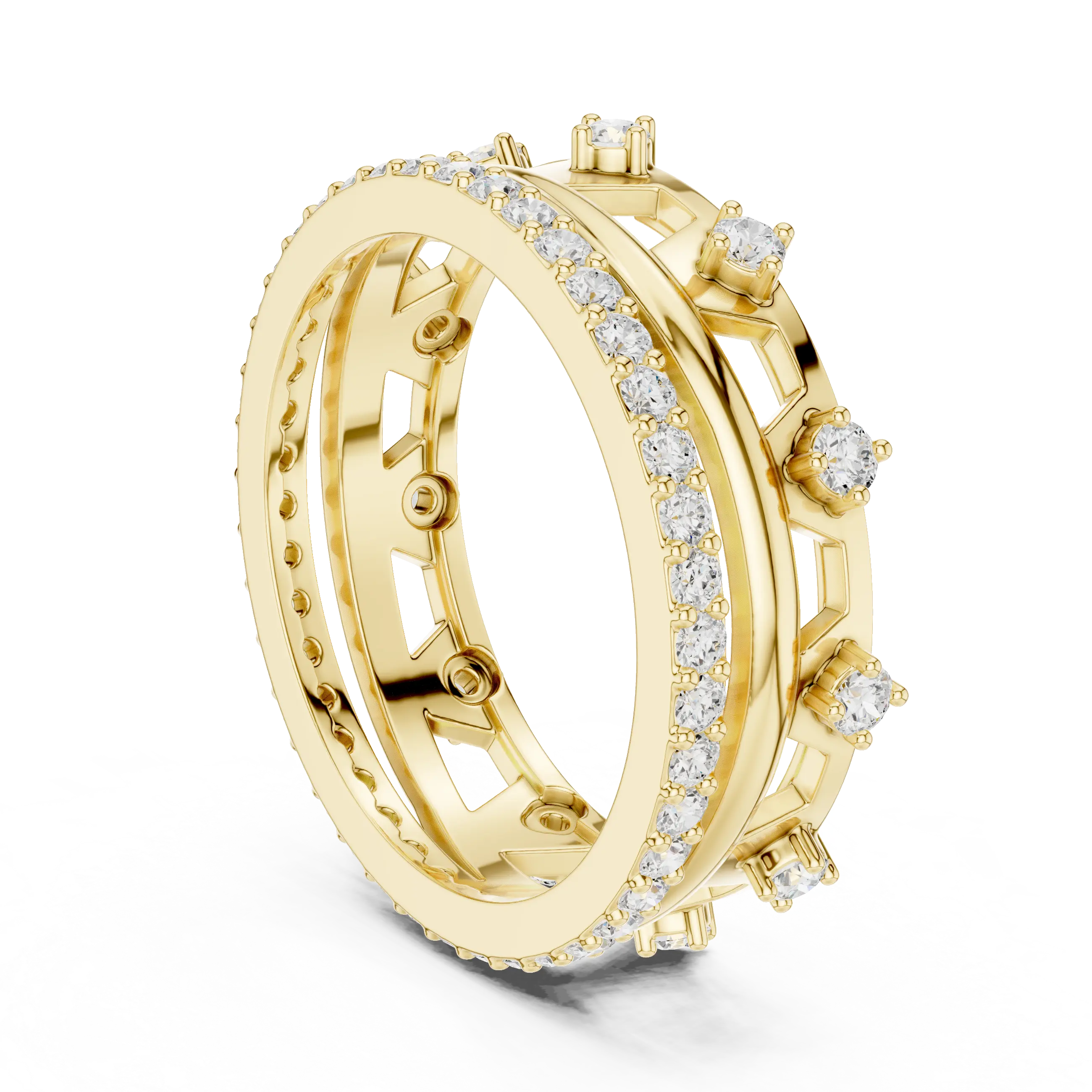 Three-quarter-view: Round Diamond Ring with Pave Setting in 14k Yellow Gold - Lab Grown - Driona Jewels