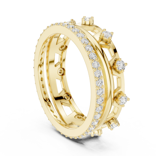 Three-quarter-view: Round Diamond Ring with Pave Setting in 14k Yellow Gold - Lab Grown - Driona Jewels