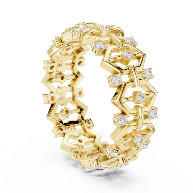 Three-quarter view: Round Diamond Eternity with Pave Setting in 14k Yellow Gold - Lab Grown - Driona Jewels