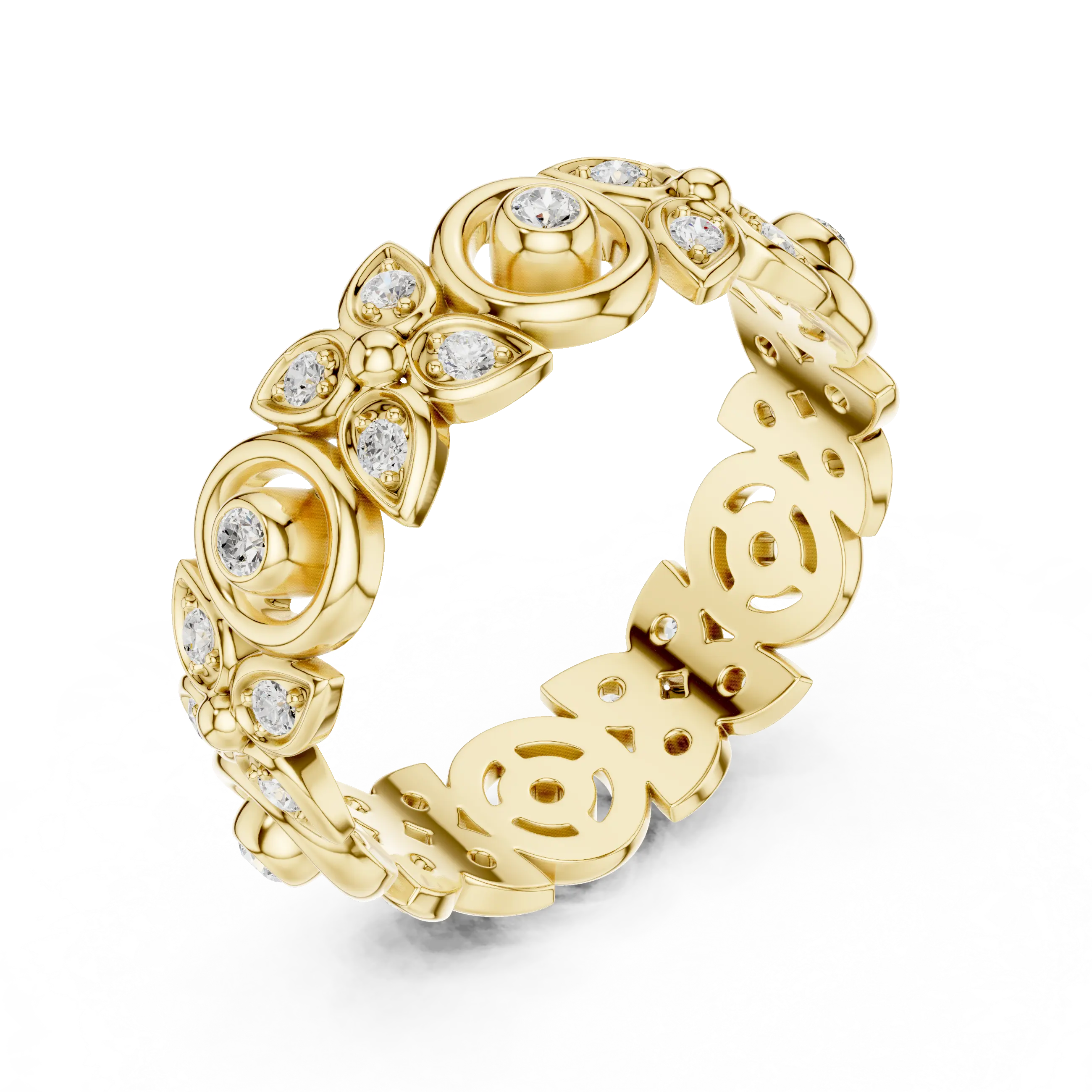 Three-quarter-view: Round Diamond Ring with Pave Setting in 14k Yellow Gold - Lab Grown - Driona Jewels