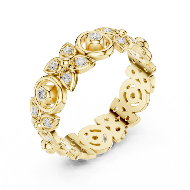 Three-quarter-view: Round Diamond Ring with Pave Setting in 14k Yellow Gold - Lab Grown - Driona Jewels